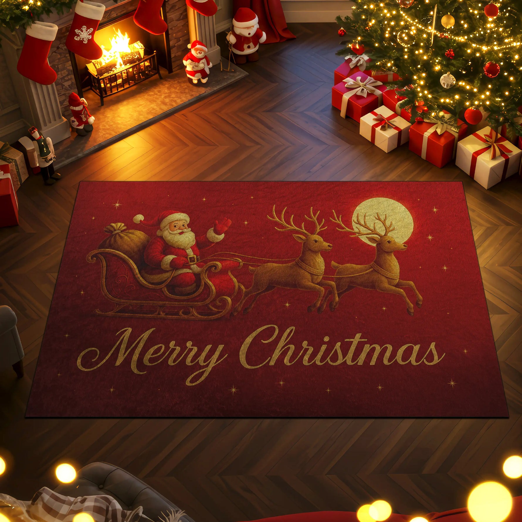 Decorative Christmas rug with Santa and reindeer design in a festive room.