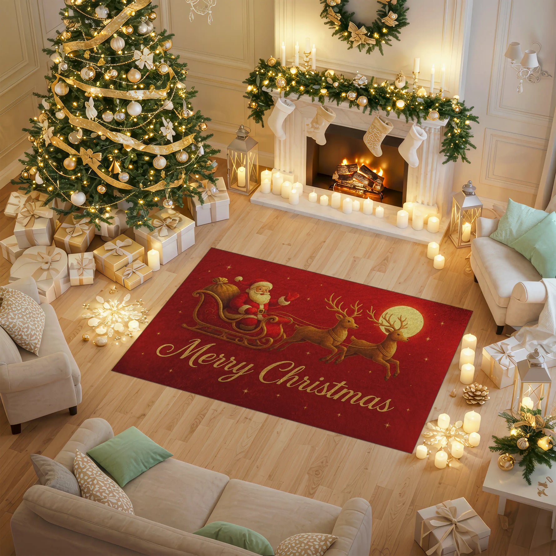 Decorative Christmas rug with Santa and reindeer design in a festive living room.