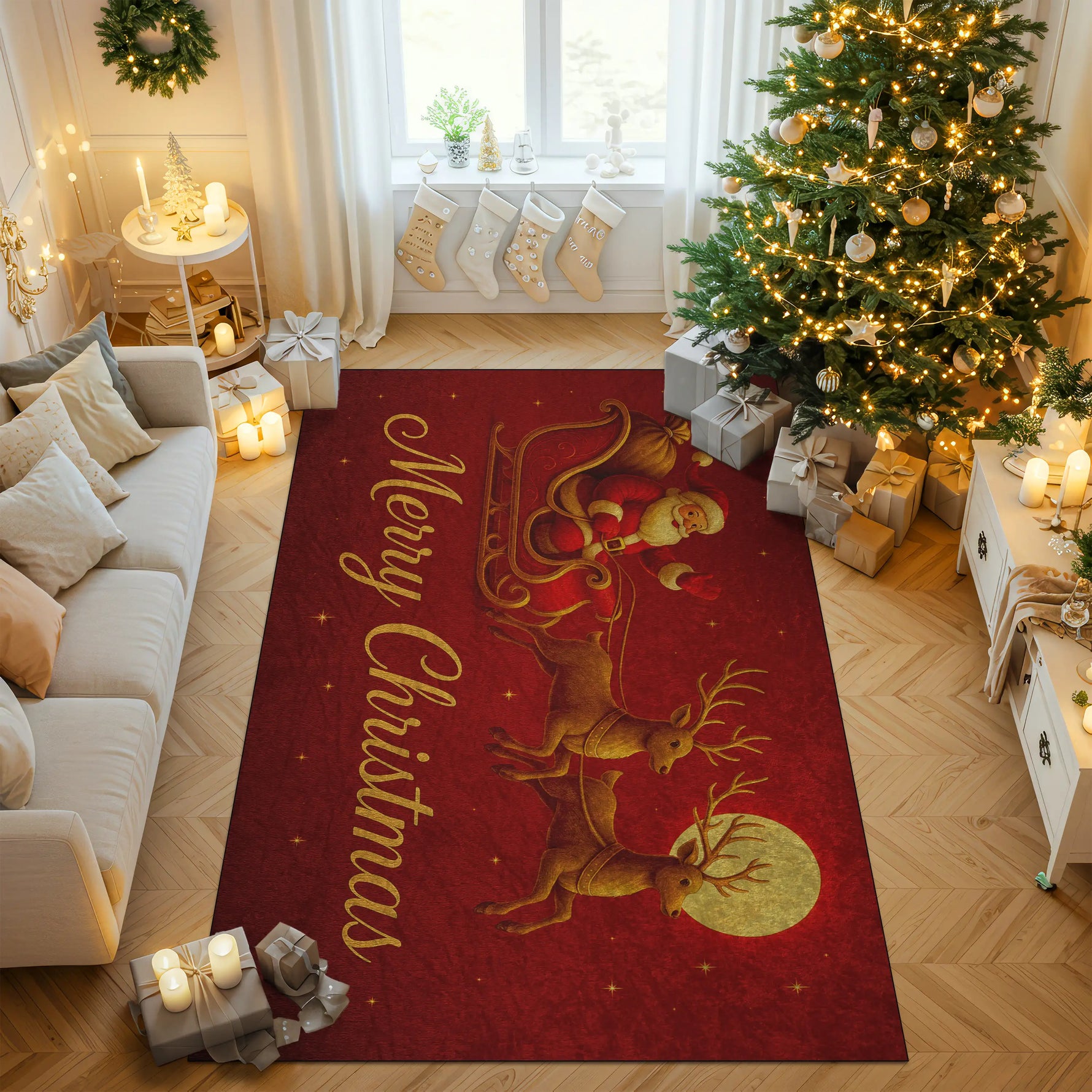 Decorative Christmas rug with reindeer and Santa Claus design in a living room setting.