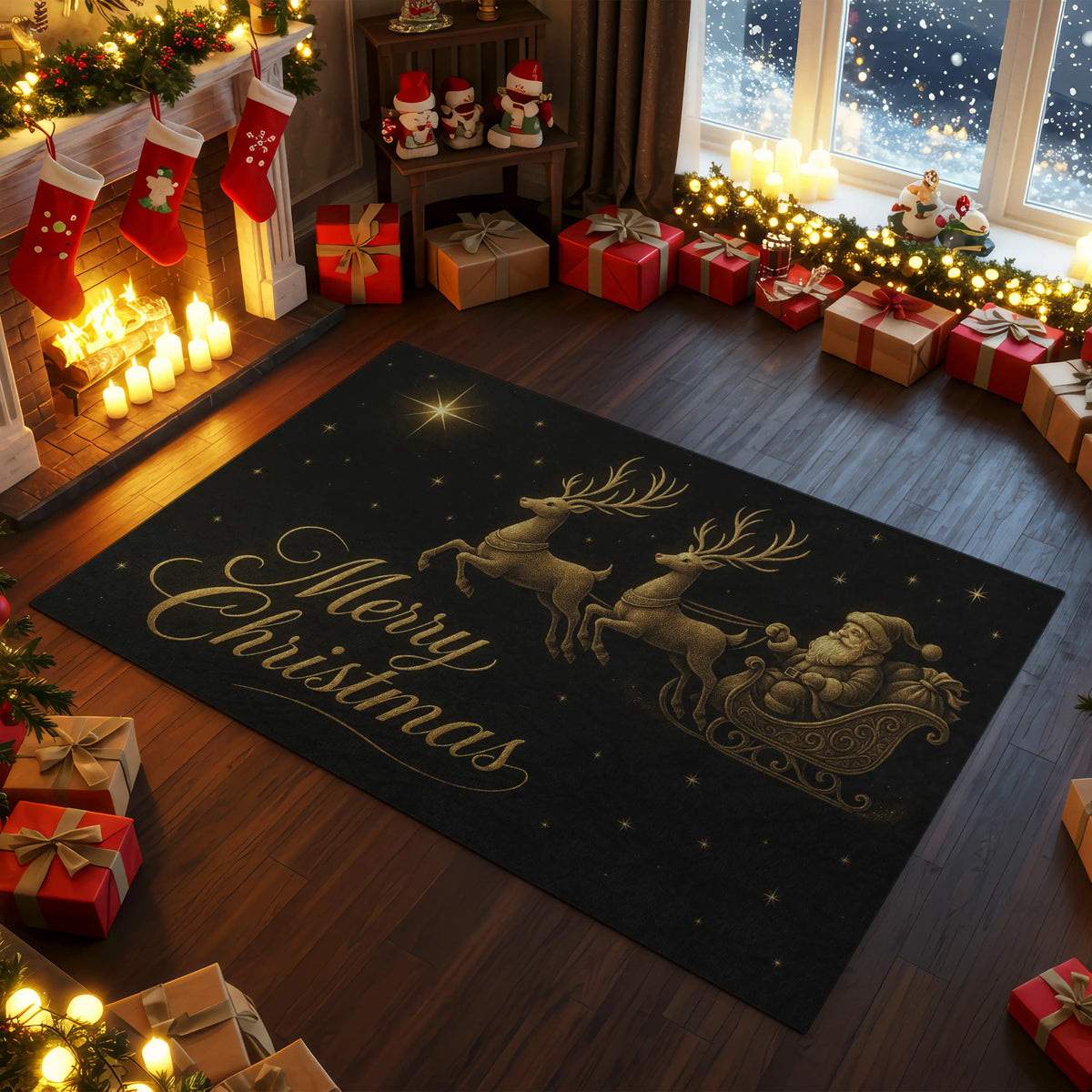 Black and gold Santa sleigh Christmas rug in luxury living room