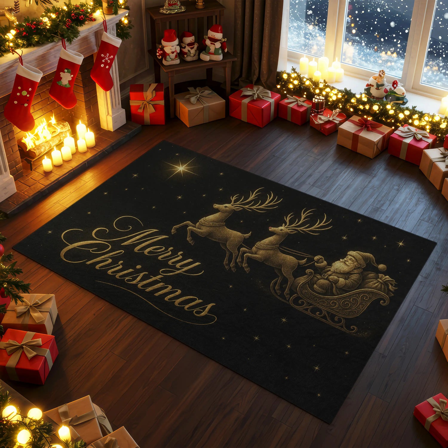 Black and gold Santa sleigh Christmas rug in luxury living room