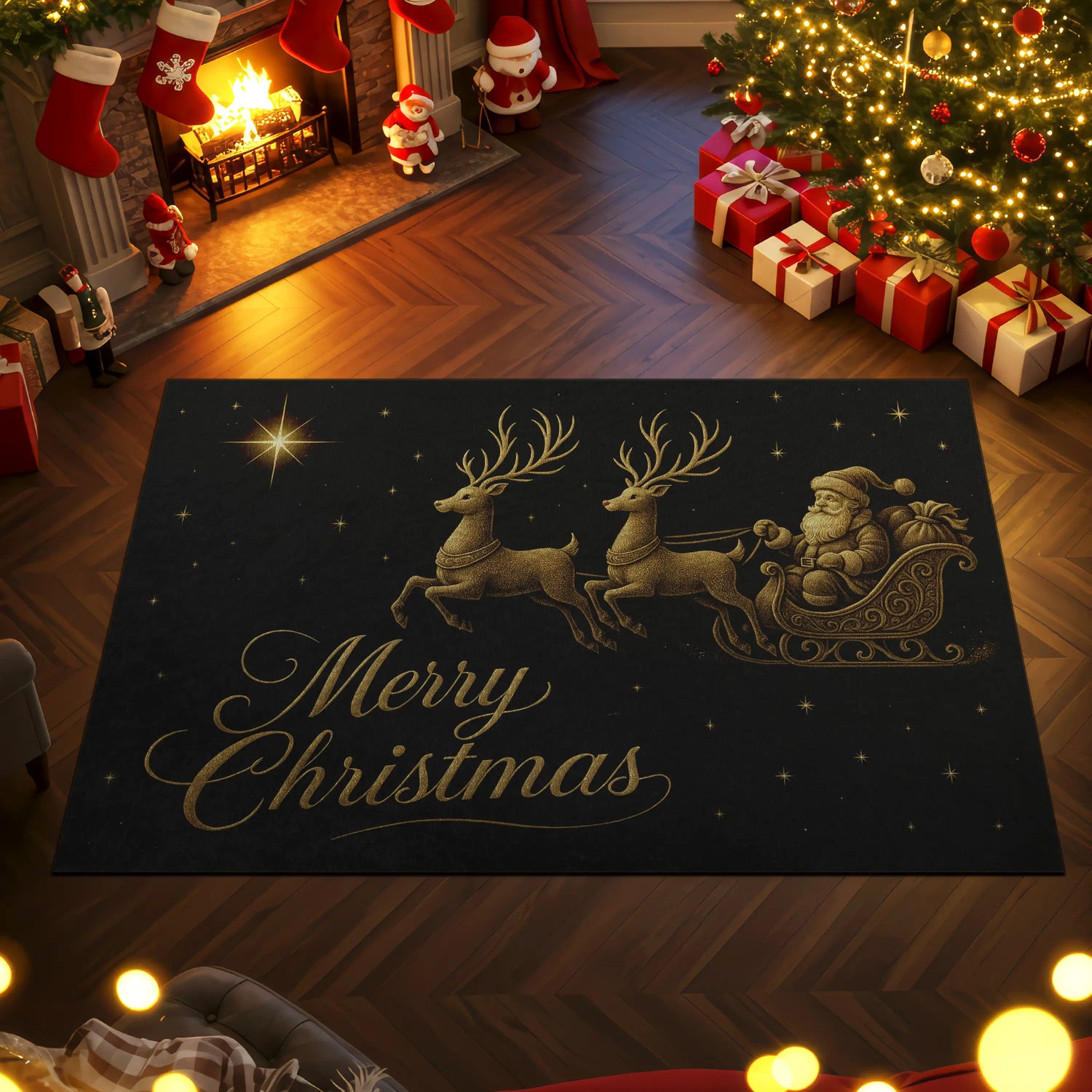 Decorative Christmas rug with Santa and reindeer design in a festive room.