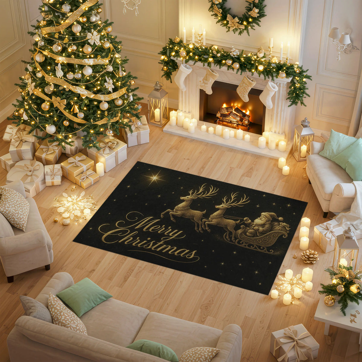 Decorative Christmas rug with reindeer and Santa Claus design in a festive living room.