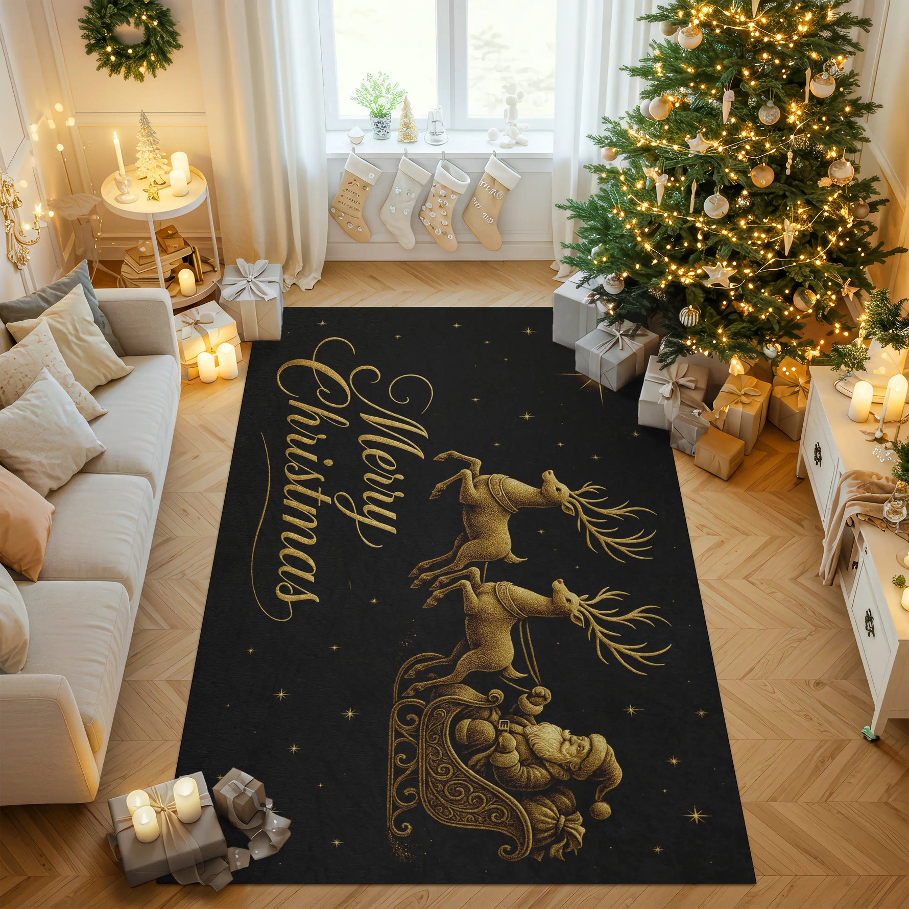 Decorative Christmas rug with reindeer design and 'Merry Christmas' text in a living room.