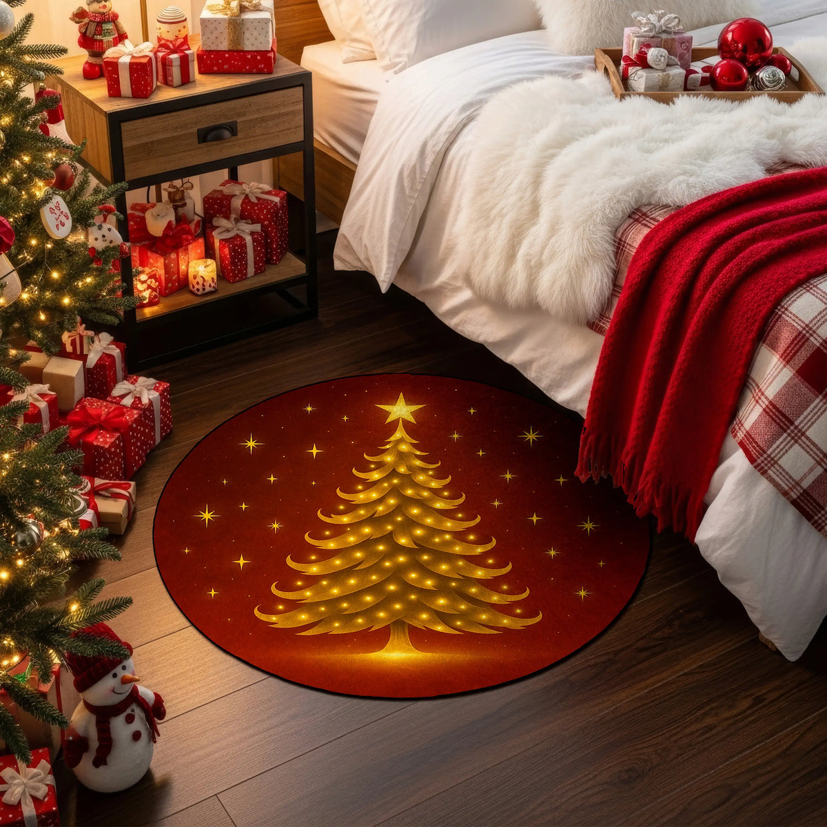 Decorative Christmas tree rug in a bedroom with festive decorations.

