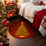 Decorative Christmas tree rug in a bedroom with festive decorations.

