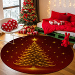 Round red rug with gold Christmas tree design in a festive room with a decorated tree and presents.


