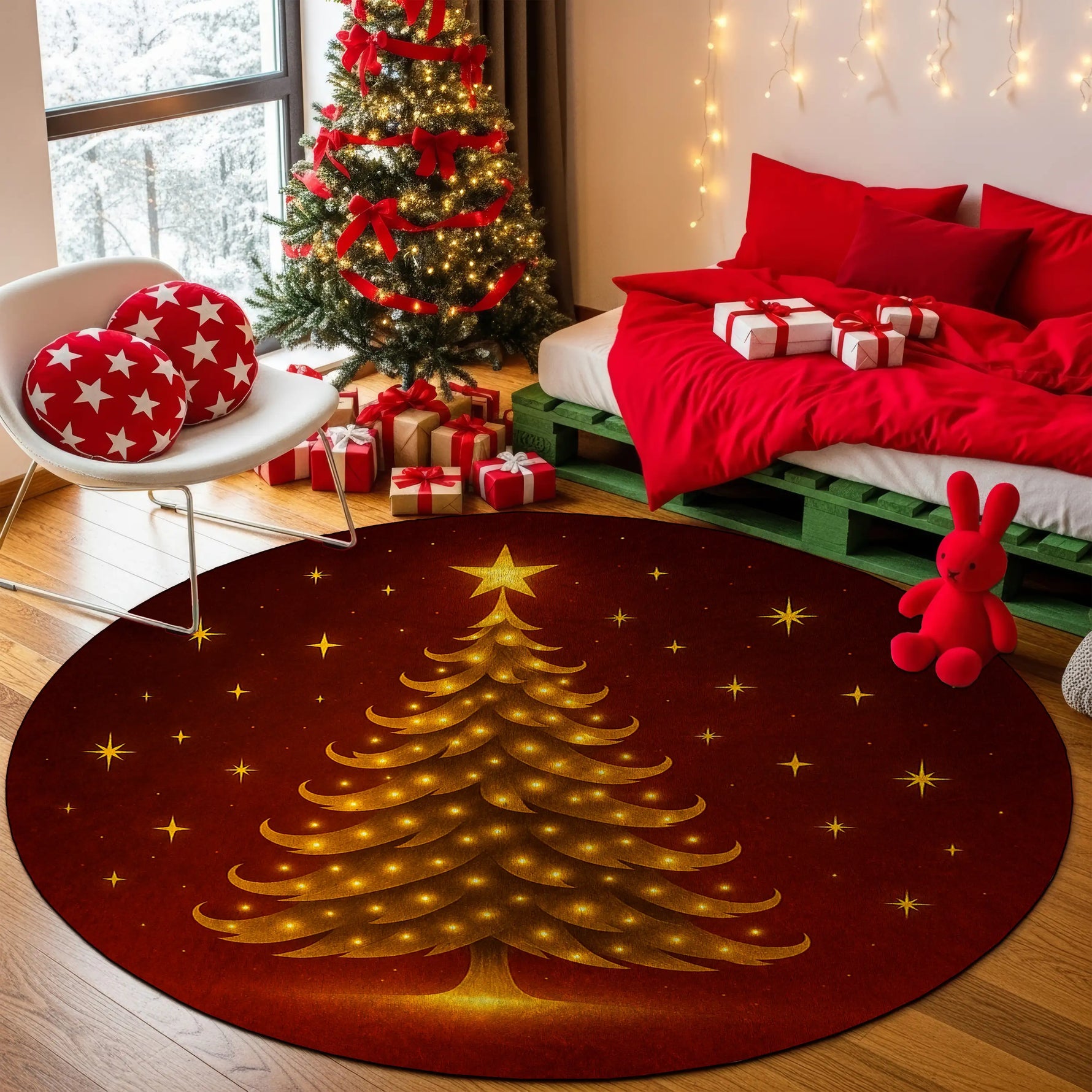 Round red rug with gold Christmas tree design in a festive room with a decorated tree and presents.

