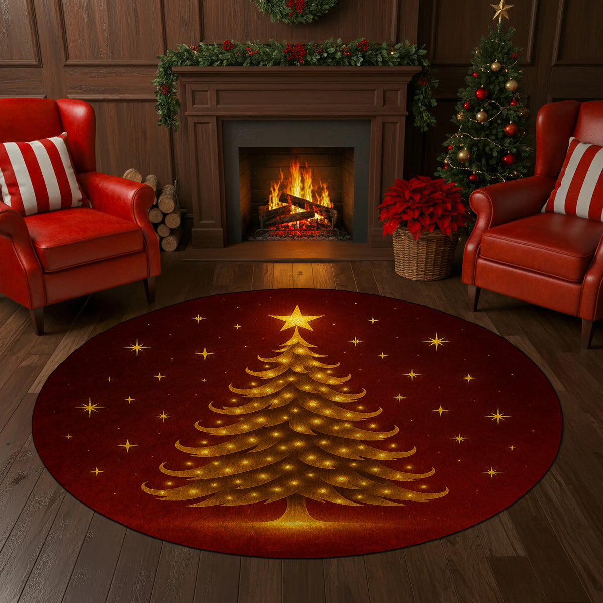 Decorative Christmas tree rug in a cozy living room with red chairs and a fireplace.

