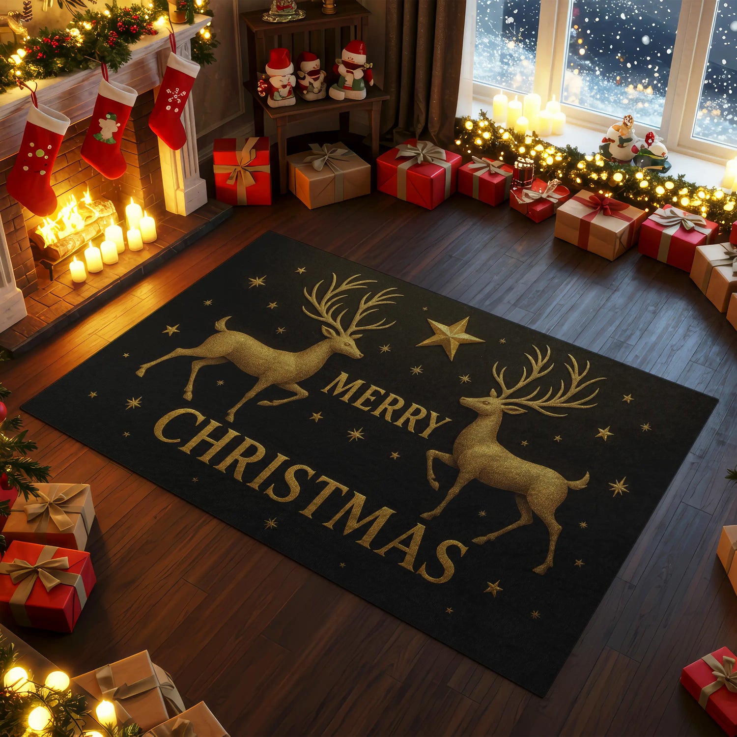 Decorated Christmas living room with a 'Merry Christmas' rug featuring reindeer.