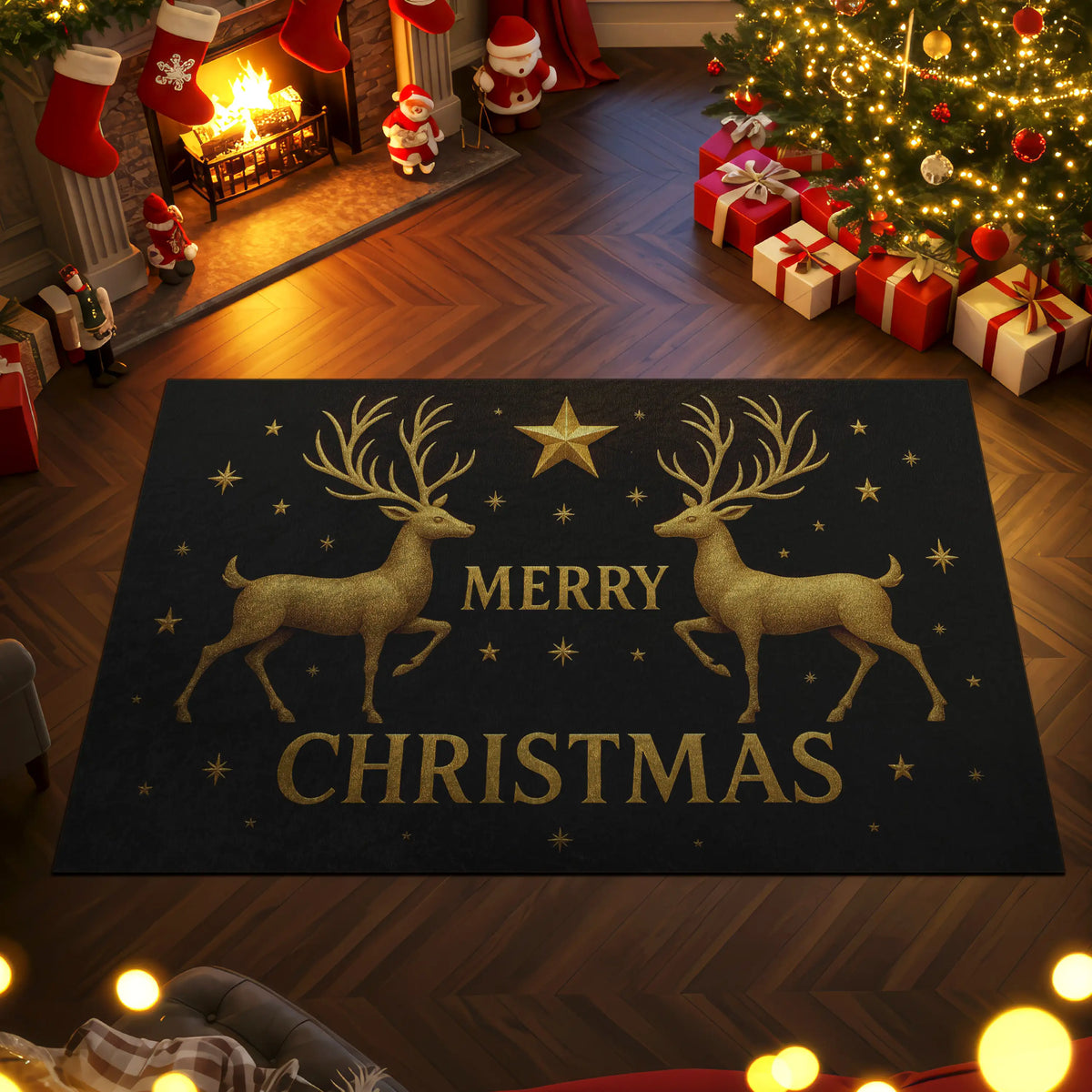 Decorative Christmas rug with reindeer design and 'Merry Christmas' text in a festive room