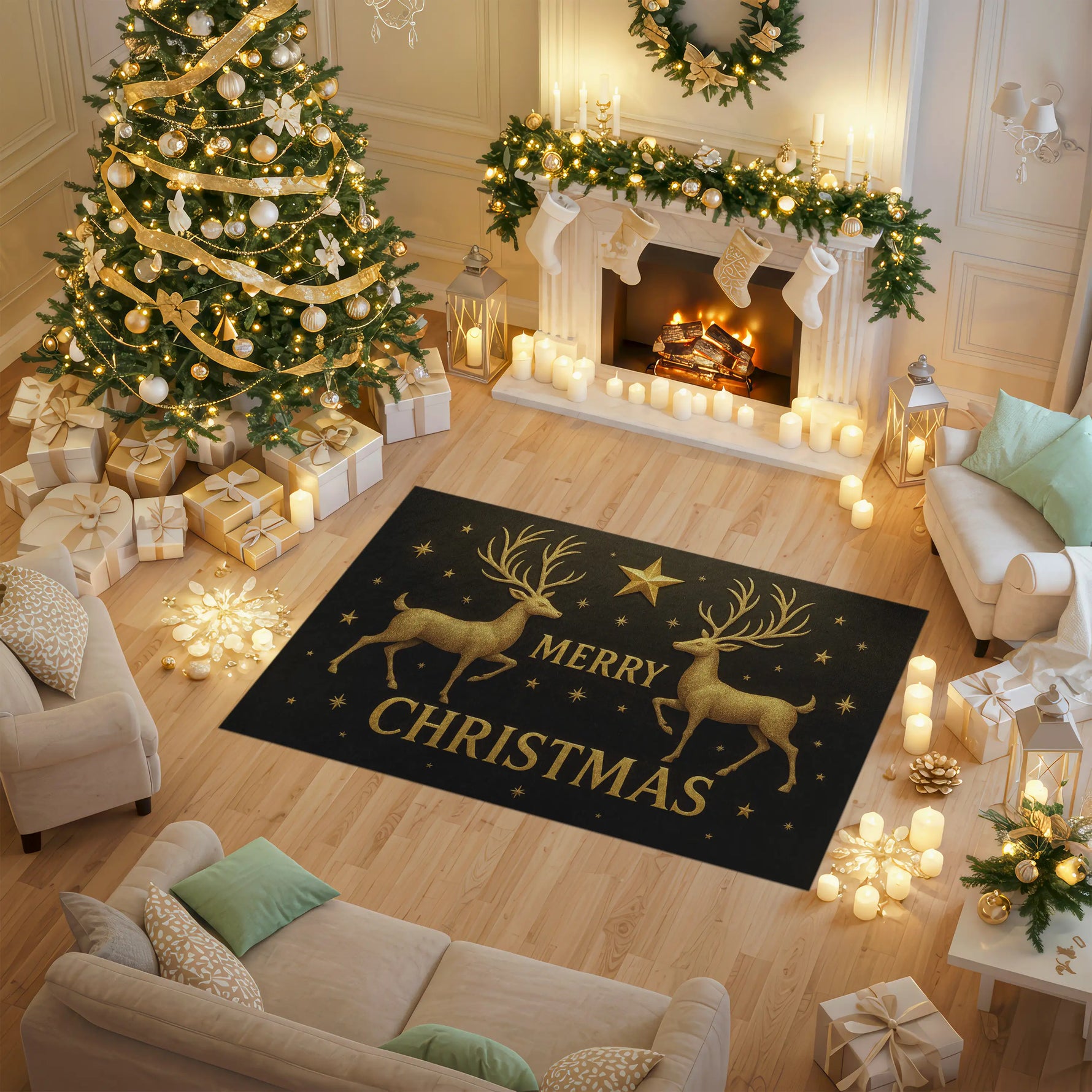 Decorative Christmas rug with reindeer design in a festive living room.