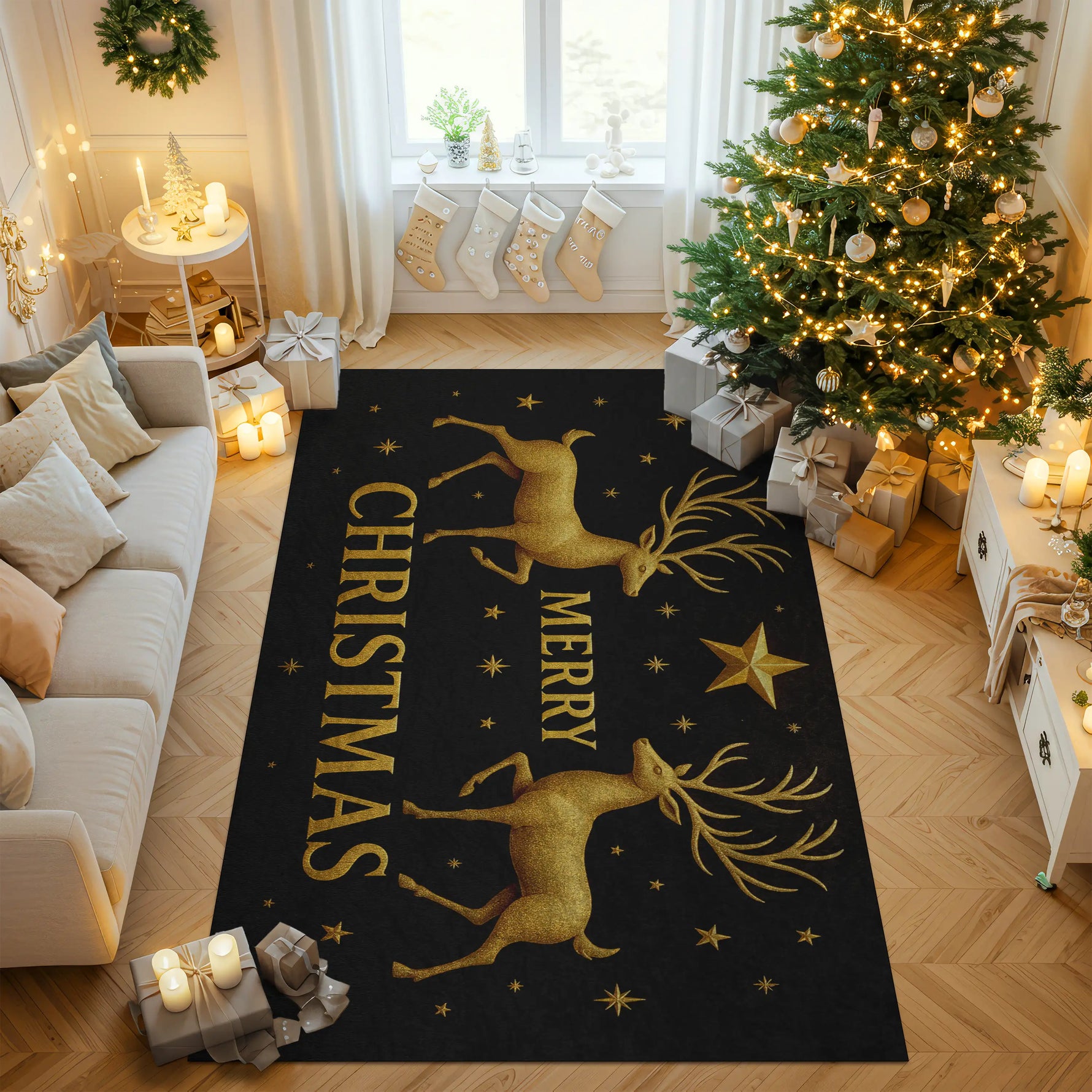 Decorative Christmas rug with reindeer design in a living room setting.