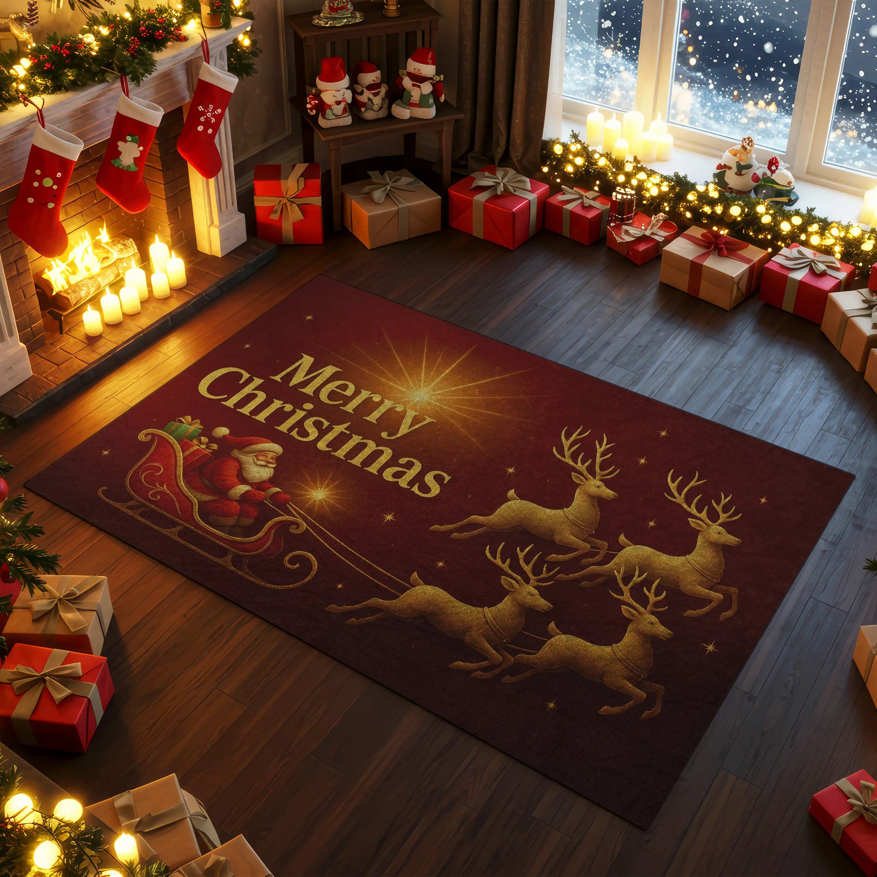 Decorative Christmas rug with reindeer and Santa Claus on a wooden floor surrounded by Christmas decorations.