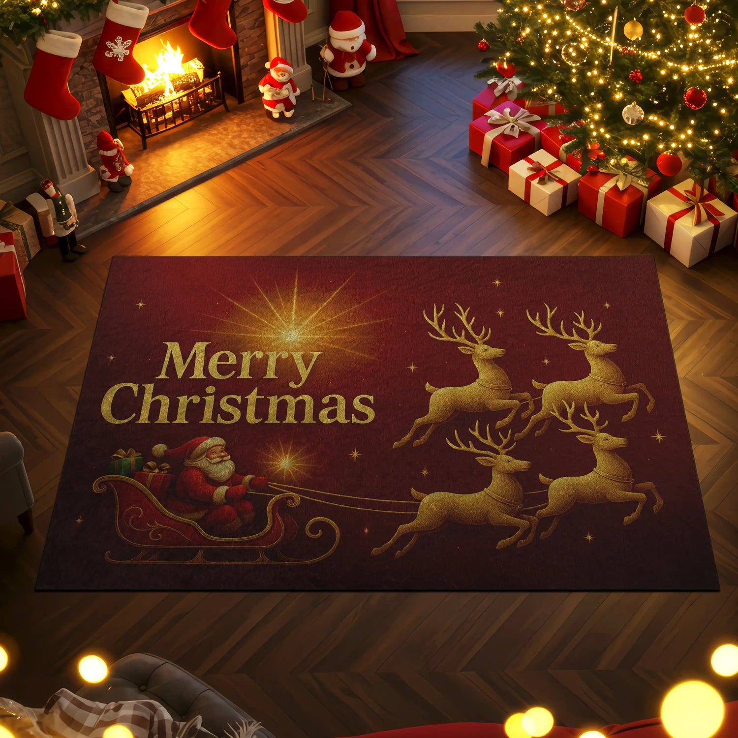 Decorative Christmas rug with Santa and reindeer design in a festive room.