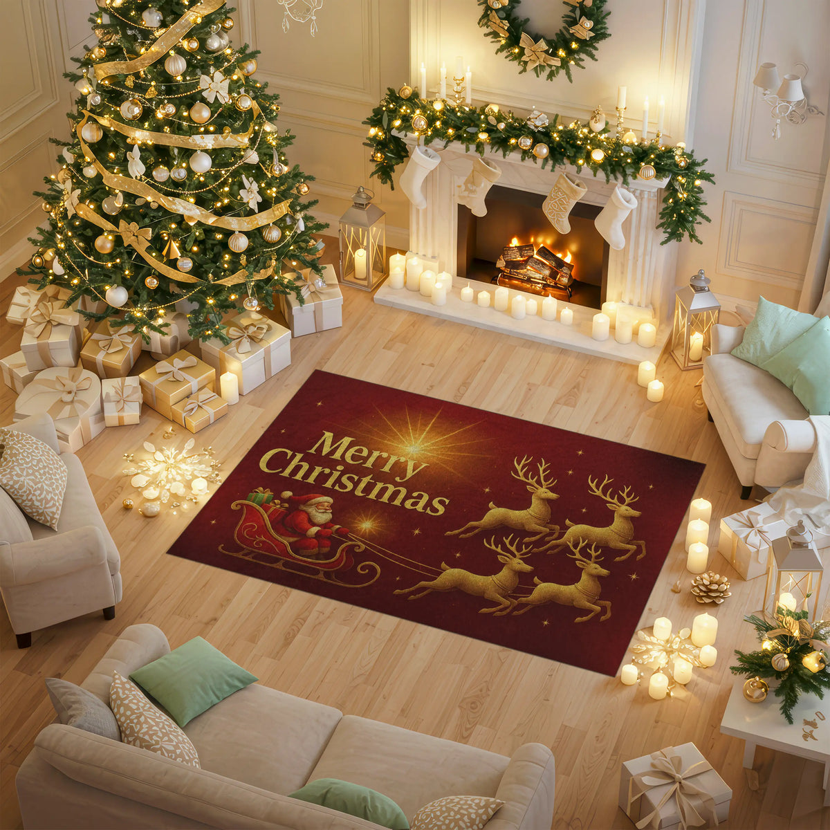 Decorated Christmas living room with a 'Merry Christmas' rug, tree, and fireplace.