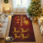 Living room with a Christmas-themed rug featuring reindeer and Santa Claus, surrounded by decorated Christmas tree and presents.