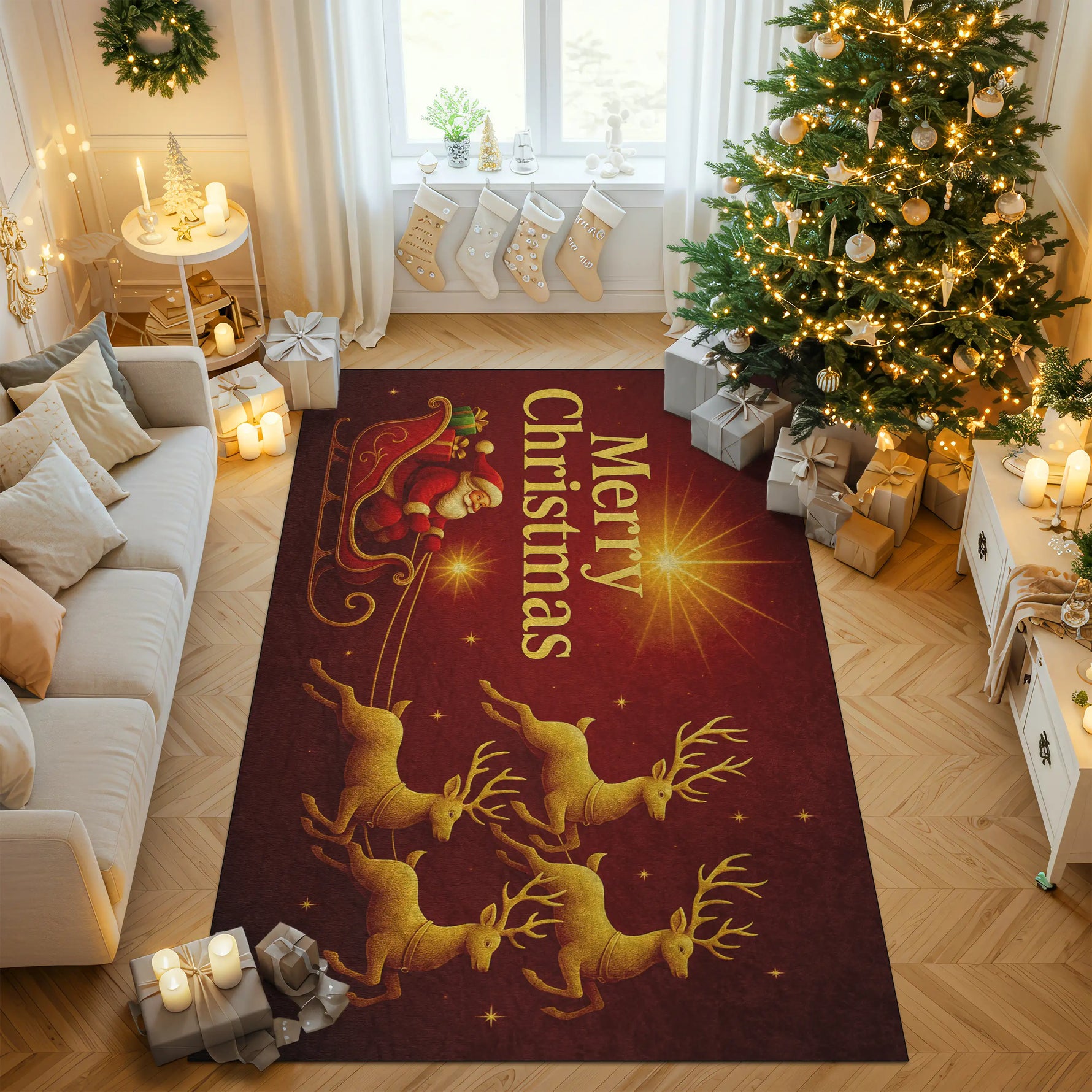 Living room with a Christmas-themed rug featuring reindeer and Santa Claus, surrounded by decorated Christmas tree and presents.