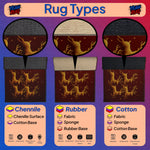 Comparison chart of rug types including Chenille, Rubber, and Cotton with reindeer pattern on a blue and pink gradient background.