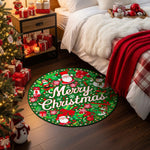 Decorative Christmas rug with Santa Claus and presents in a bedroom setting.