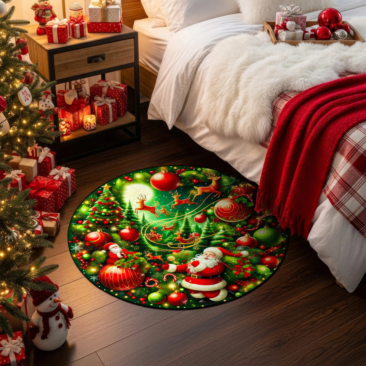 Round Christmas-themed rug in a bedroom with festive decorations.