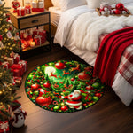 Round Christmas-themed rug in a bedroom with festive decorations.