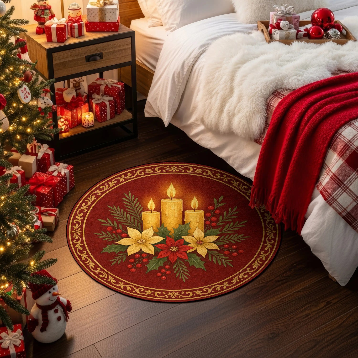 Decorative Christmas rug with candles and poinsettias in a bedroom setting.

