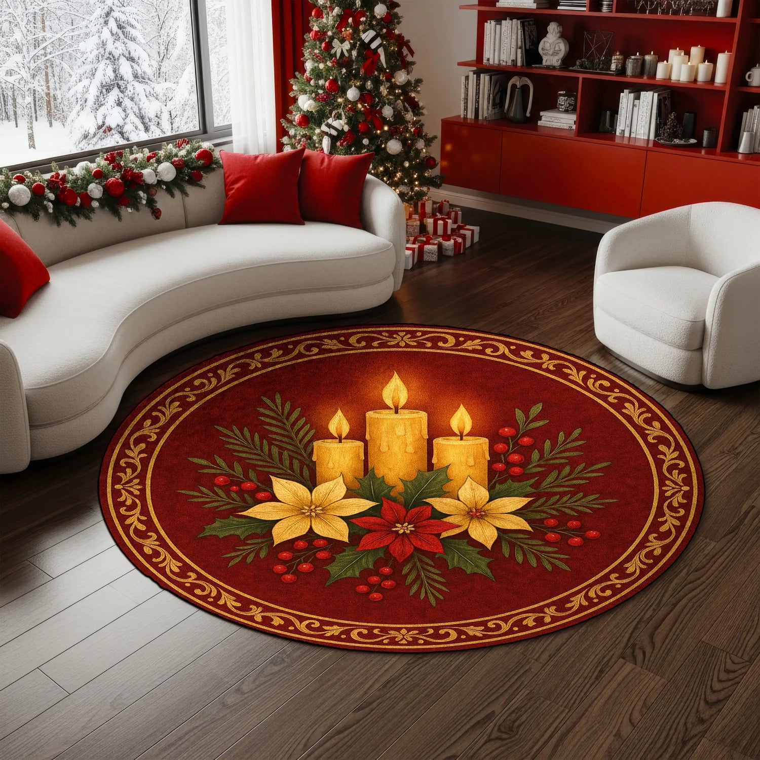 Decorative Christmas rug with candles and flowers in a living room setting.