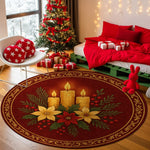 Decorative Christmas rug with candles and poinsettias in a festive room.

