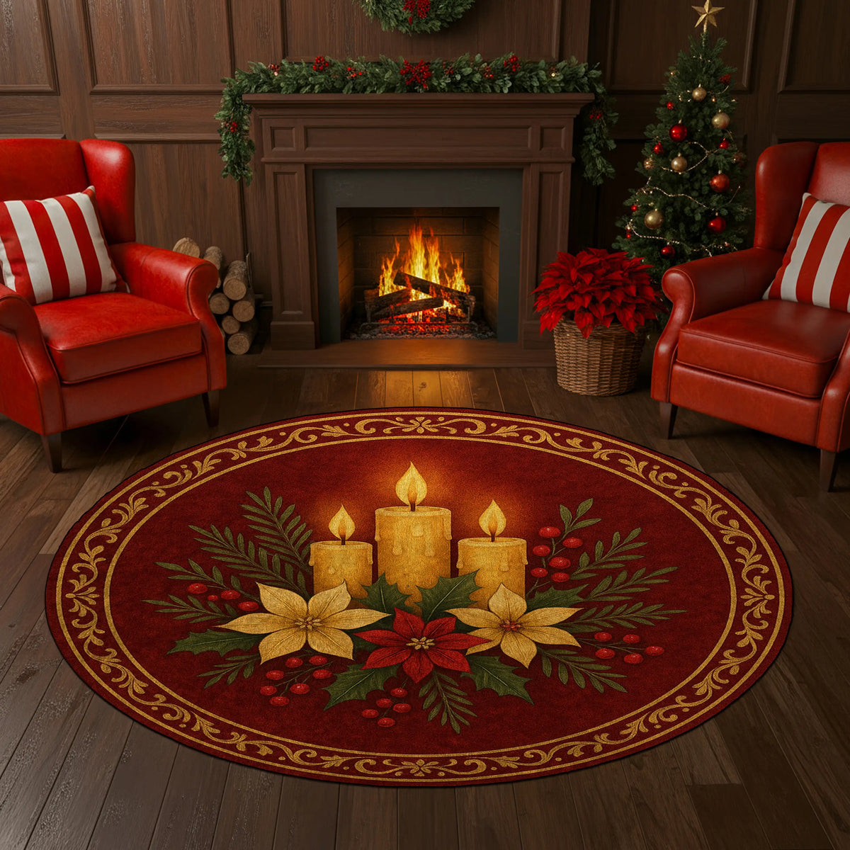 Decorative Christmas rug with candles and poinsettias in a cozy living room with a fireplace and Christmas tree.

