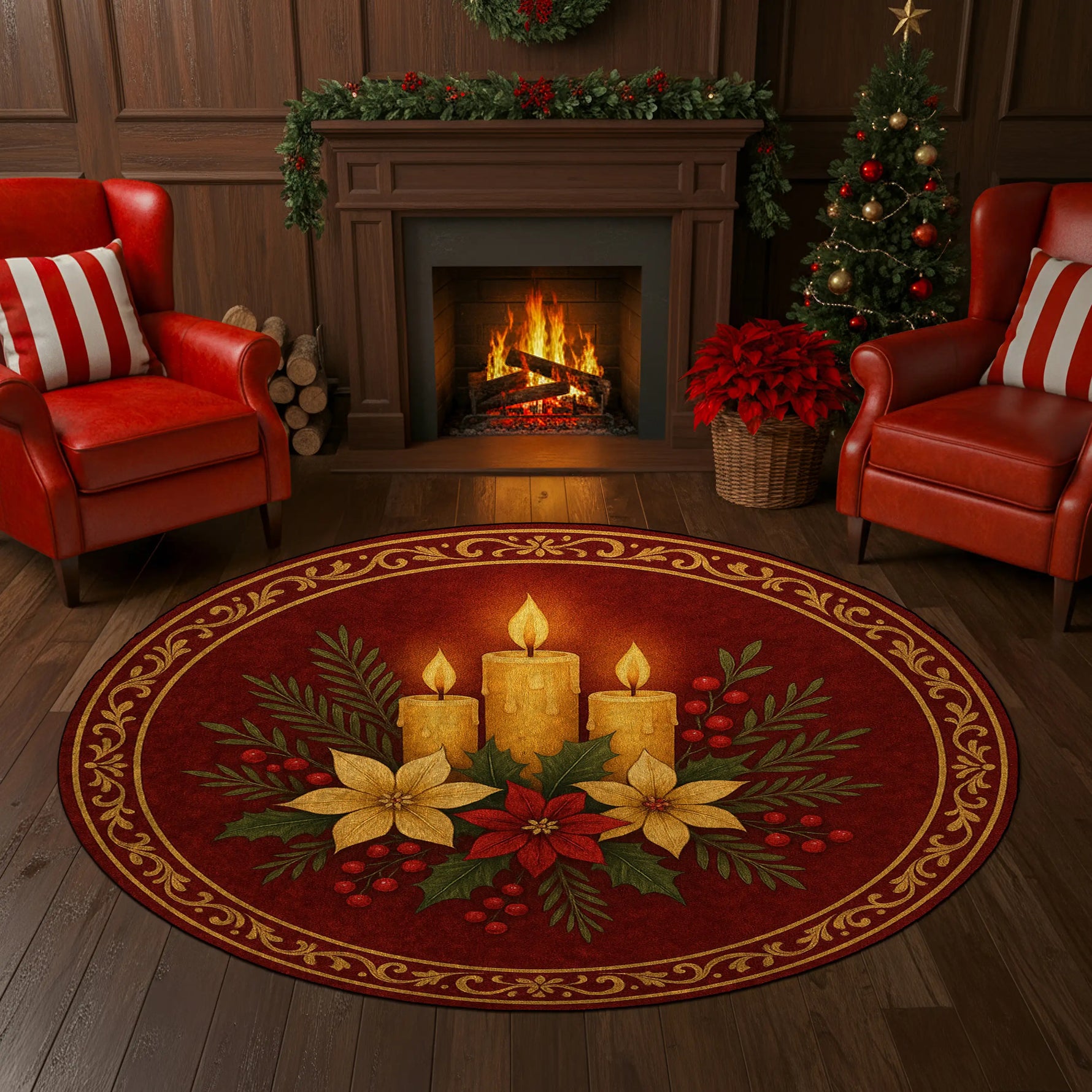 Decorative Christmas rug with candles and poinsettias in a cozy living room with a fireplace and Christmas tree.

