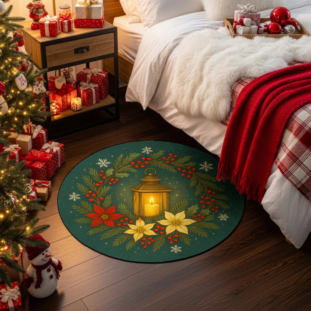 Decorative Christmas rug with lantern design in a bedroom setting.


