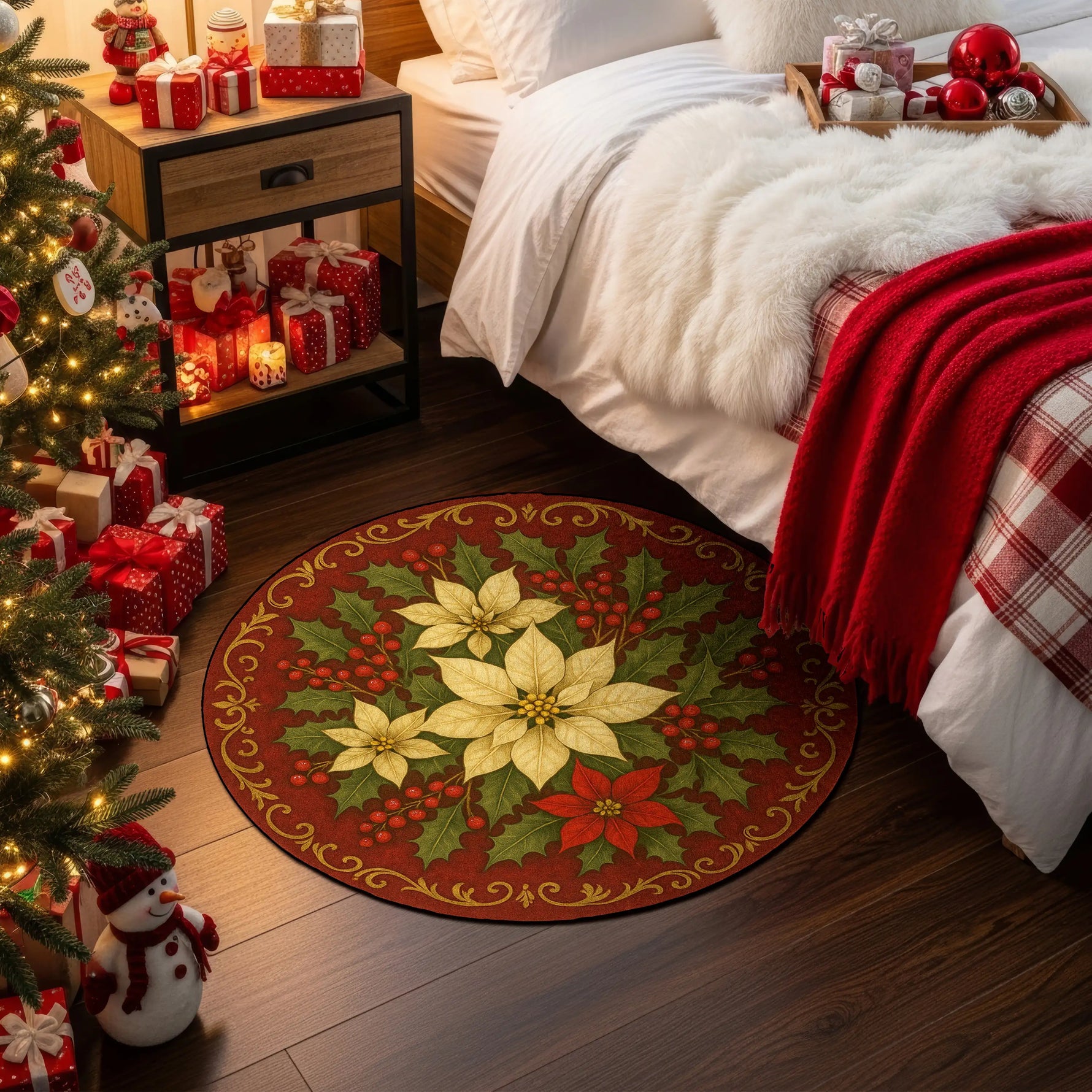 Decorative Christmas rug with poinsettias in a bedroom setting with a Christmas tree and presents.

