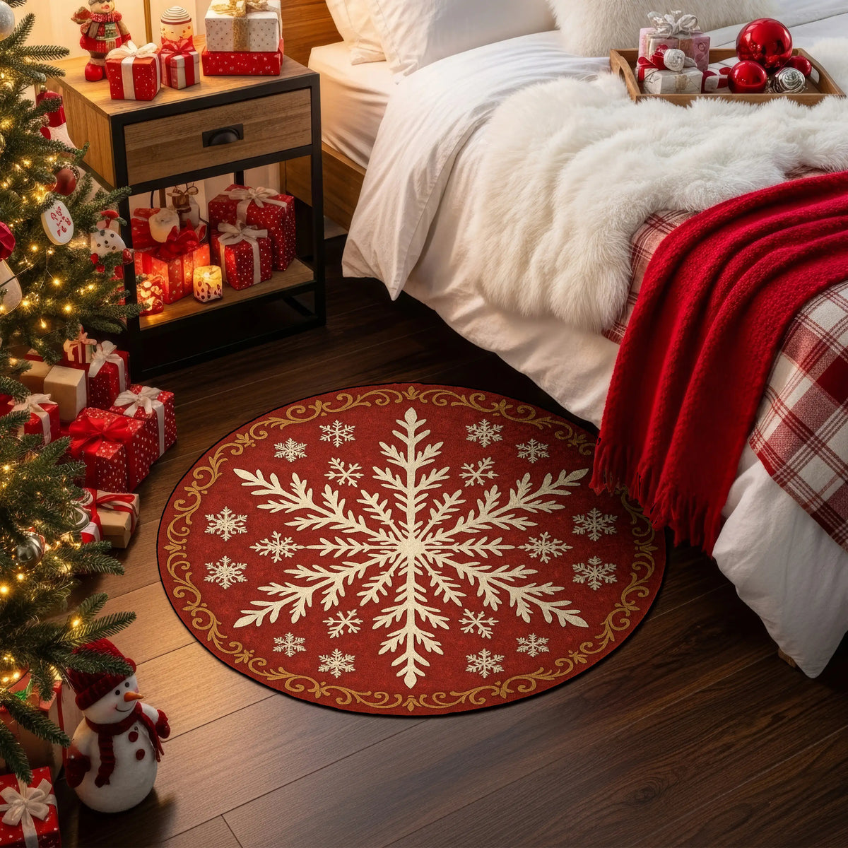 Decorative red rug with a snowflake pattern in a bedroom with Christmas decorations.


