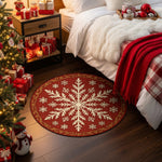 Decorative red rug with a snowflake pattern in a bedroom with Christmas decorations.

