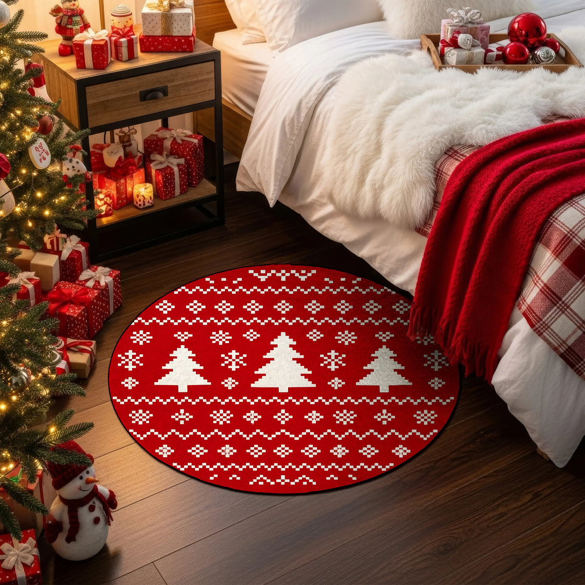 Decorative red rug with Christmas tree pattern in a bedroom setting with Christmas decorations.


