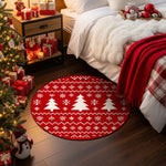 Decorative red rug with Christmas tree pattern in a bedroom setting with Christmas decorations.

