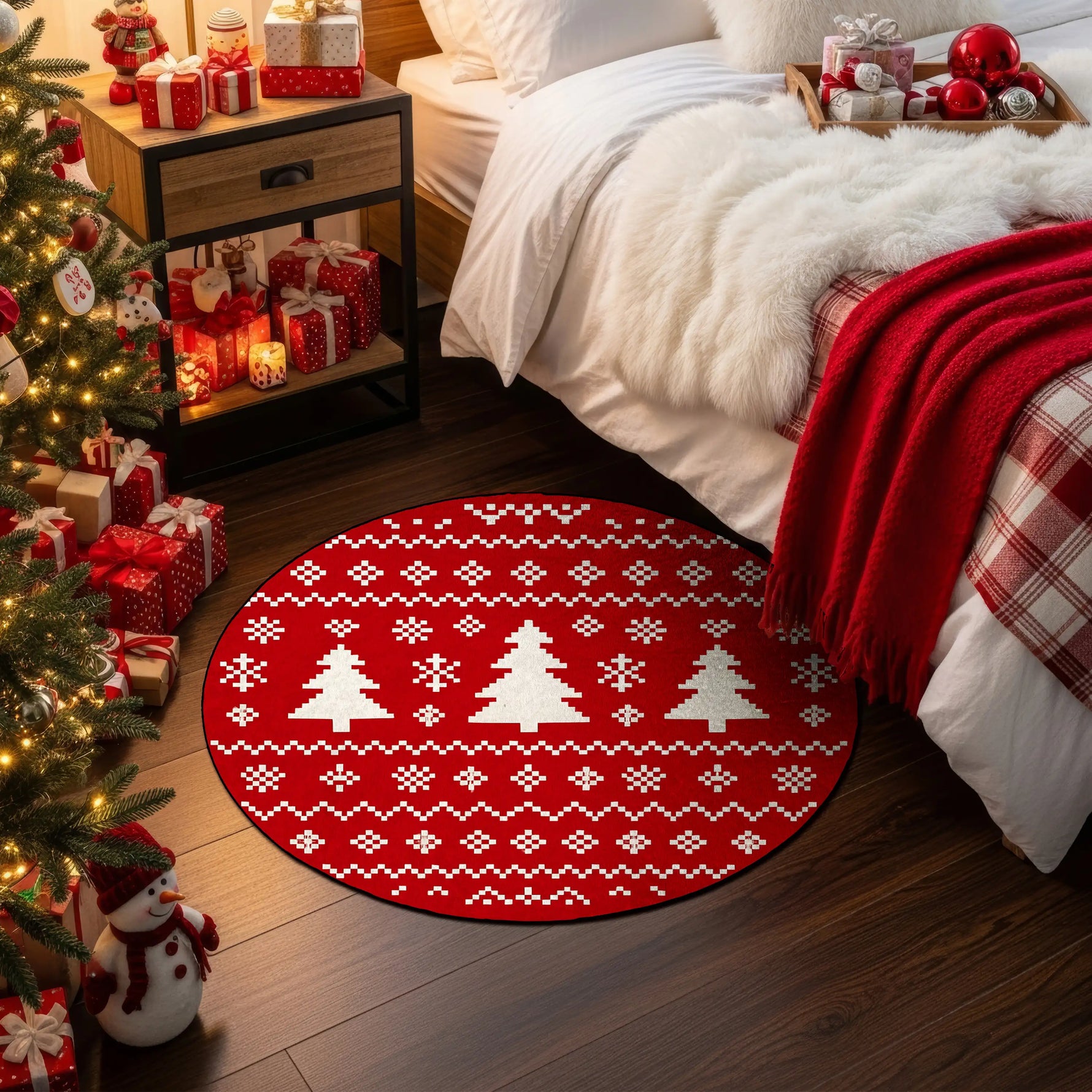 Decorative red rug with Christmas tree pattern in a bedroom setting with Christmas decorations.

