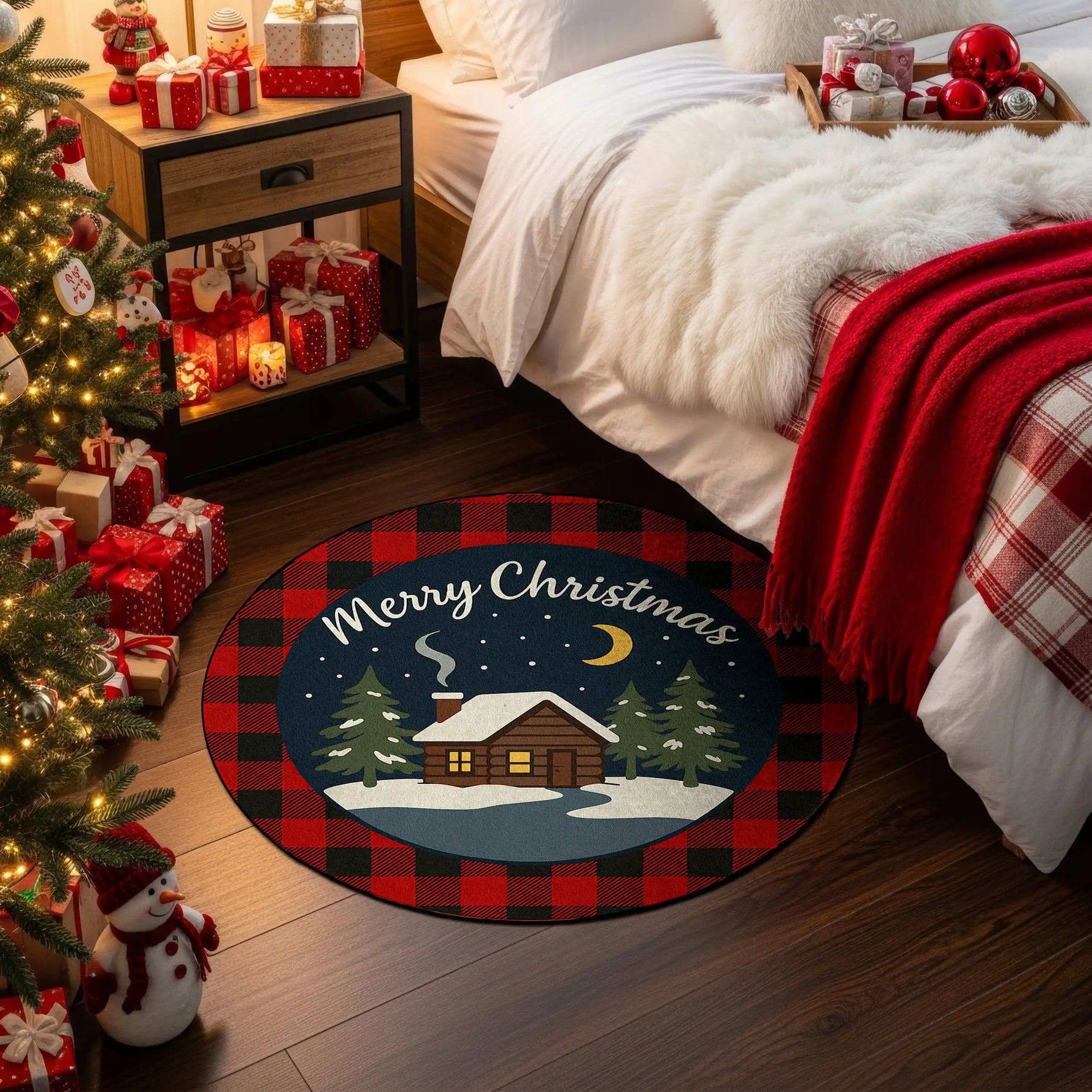 Decorative Christmas rug with a festive design in a bedroom setting.

