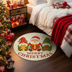 Round Christmas-themed rug with Santa and gnomes in a bedroom decorated for Christmas.

