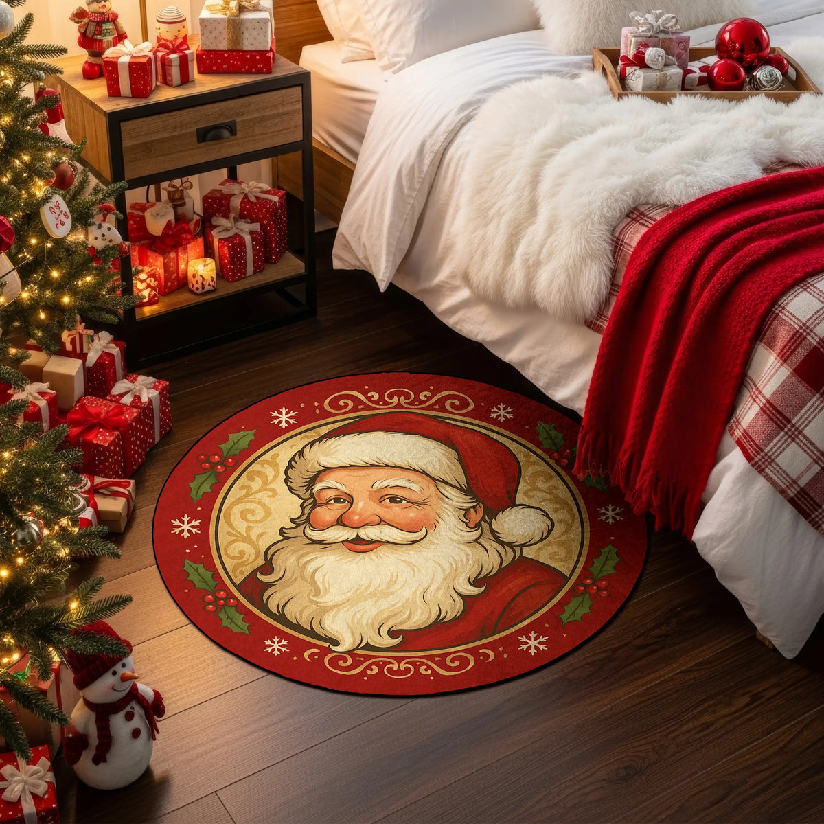 Round Santa Claus rug in a festive bedroom with Christmas decorations.

