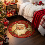 Round Santa Claus rug in a festive bedroom with Christmas decorations.

