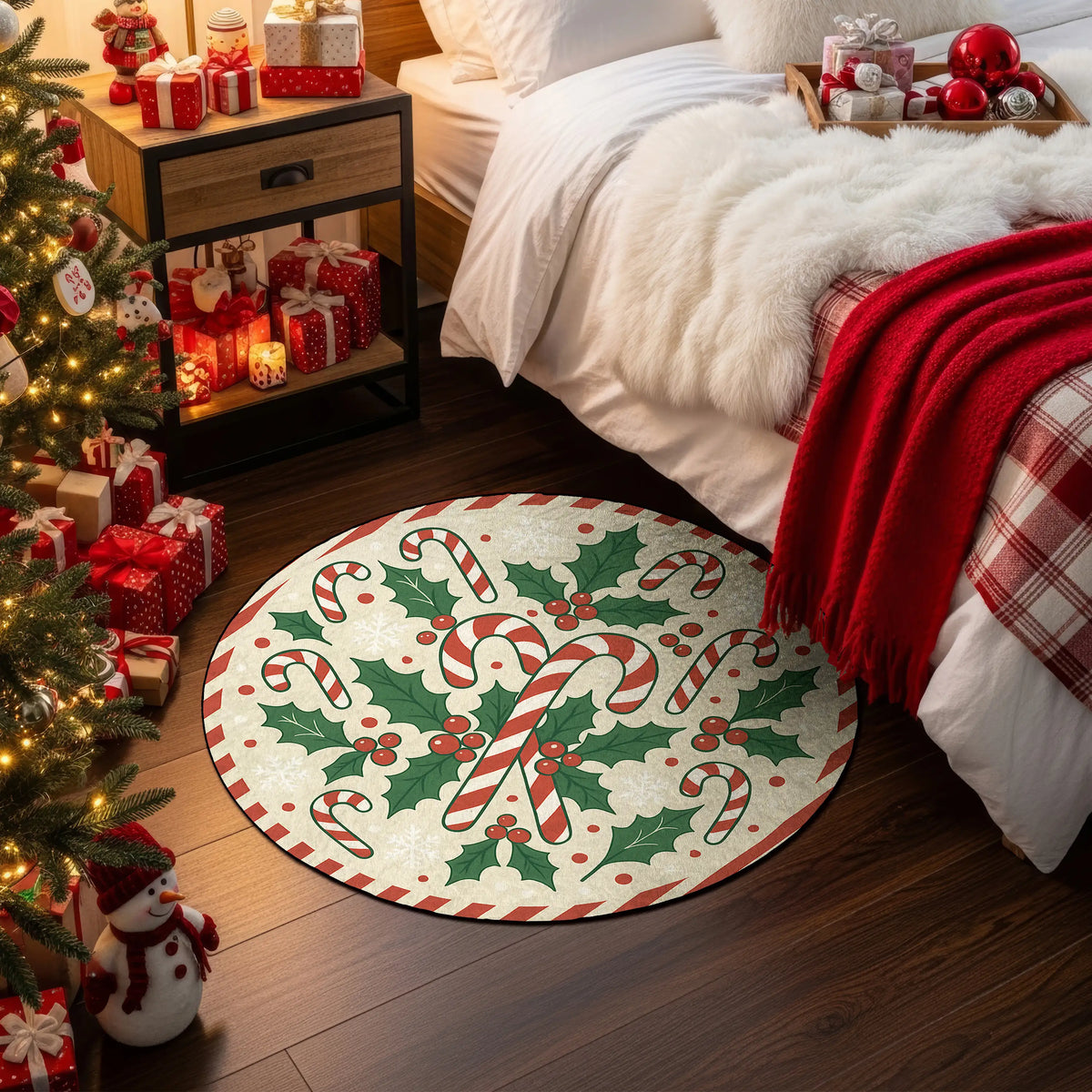 Round Christmas-themed rug with candy canes and holly on a wooden floor next to a decorated tree and bed.

