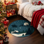 Decorative Christmas rug with Santa's sleigh design in a bedroom setting.

