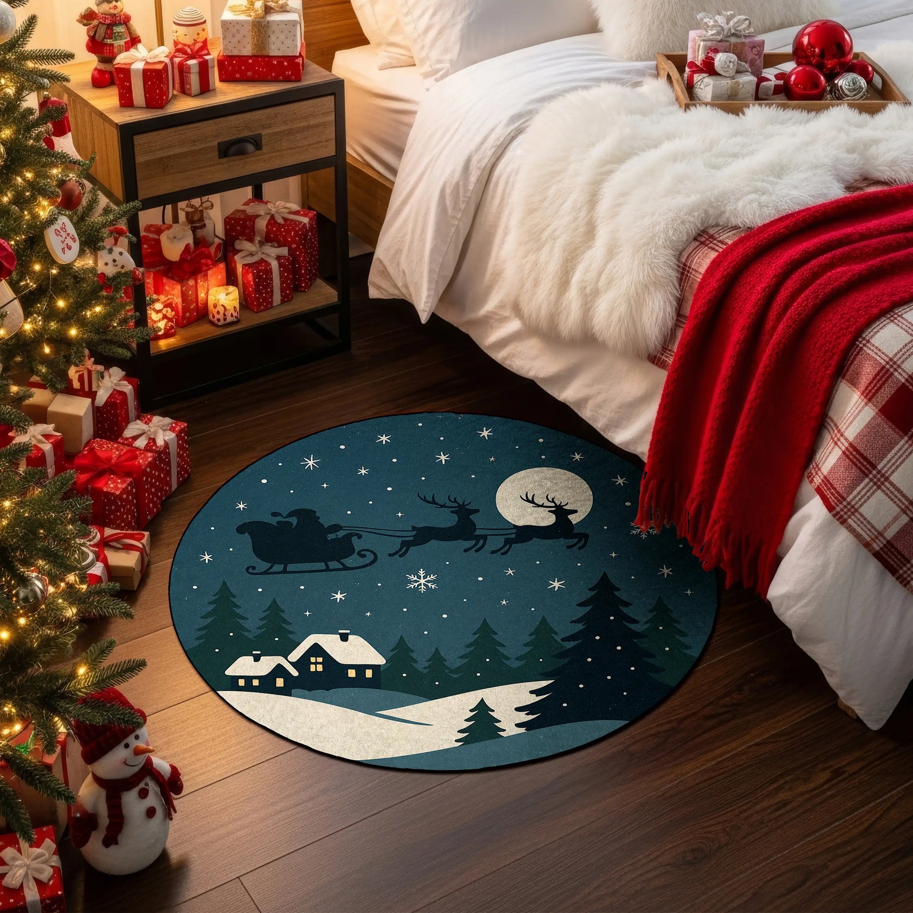 Decorative Christmas rug with Santa's sleigh design in a bedroom setting.

