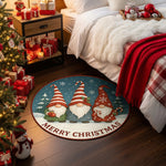 Round Christmas-themed rug with gnomes on a wooden floor next to a decorated Christmas tree and gifts.

