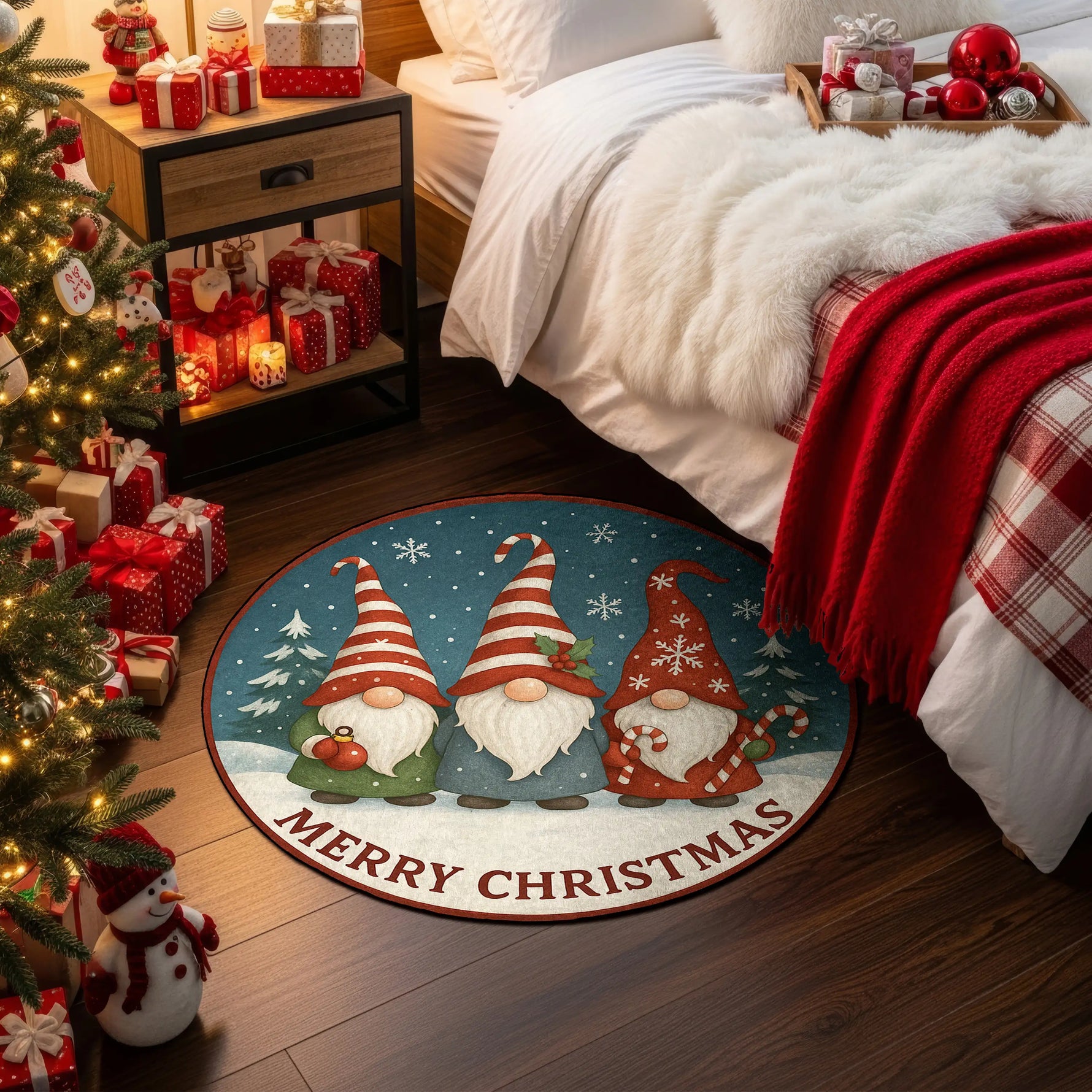 Round Christmas-themed rug with gnomes on a wooden floor next to a decorated Christmas tree and gifts.

