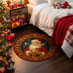 Decorative Christmas rug with Santa Claus design in a bedroom setting.

