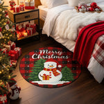 Round Christmas rug with a snowman design in a bedroom decorated for Christmas.

