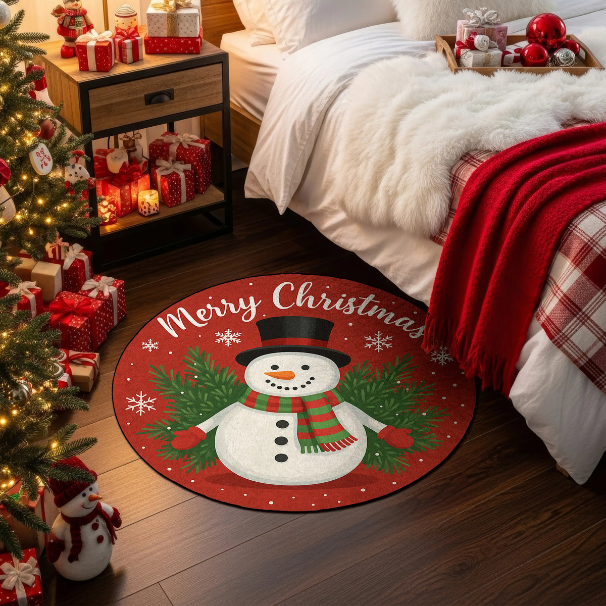 Christmas-themed room with a snowman rug, decorated tree, and presents.

